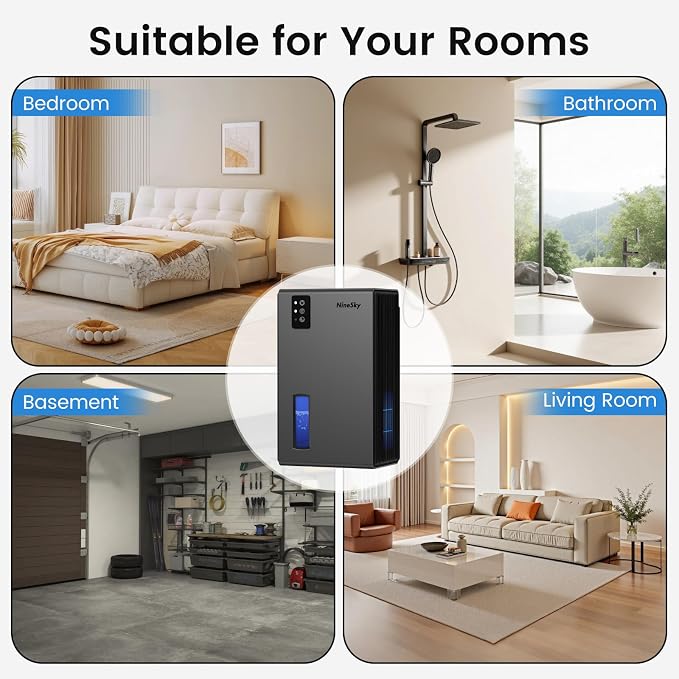 NineSky Dehumidifiers for Home, 1000 Sq.Ft Dehumidifier with 95oz Water Tank, Quiet Dehumidifier for Basement Bathroom Bedroom with 7-Color Ambient Light & Auto Shut Off, (Grey)