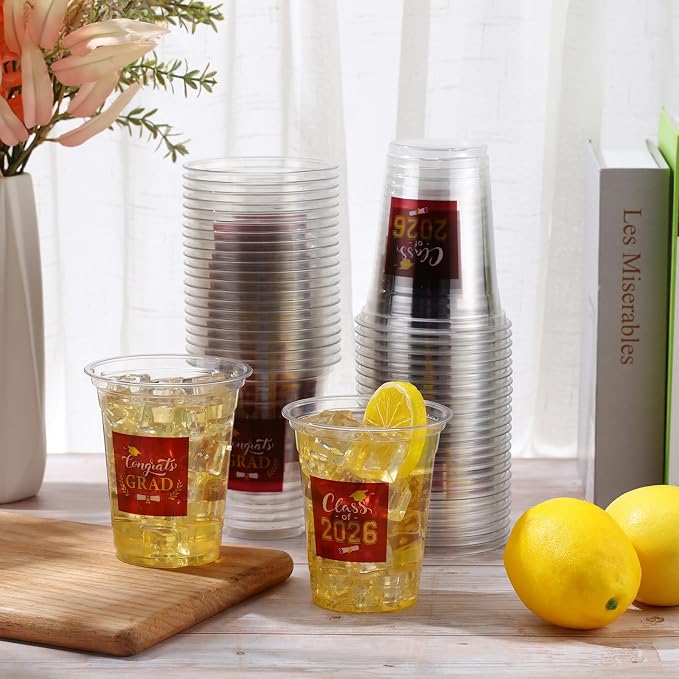Amyhill 60 Pack 12oz Graduation Cups 2026 Graduation Decorations Disposable Plastic Cups Sturdy&Durable Drinkware for Class of 2026 Decorations Congrats Grad Party Favors Supplies (Gold Dark Red)