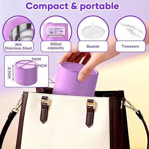 Ultrasonic Cleaner for Retainers & Aligners - 50kHz Dental Pod for Invisalign, Braces, Dentures, Night Guards, 200ml 3 Modes, Deep Clean for Fresh Retainers, Light Purple