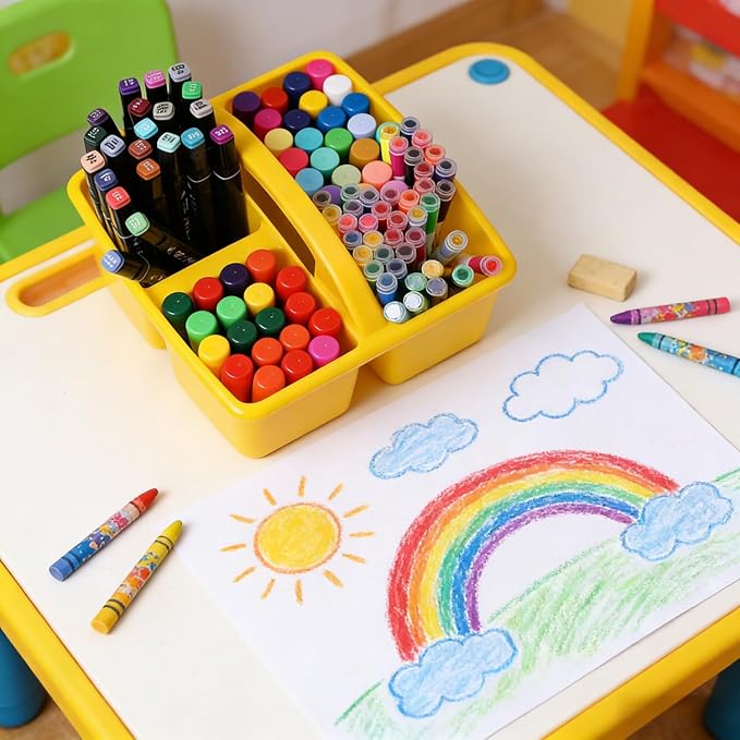 RAUVOLFIA Set of 6 Classroom Caddy, Small Plastic Storage Caddy with Handle for Classrooms, Home and Office Organization, 3 Compartment (Rainbow)