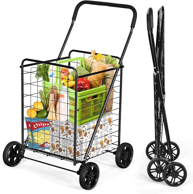 IRONMAX Grocery Shopping Cart, Foldable Heavy Duty Utility Cart w/Large Wheels for Easy Installation and Removal, Lightweight Trolley Cart for Grocery Laundry Luggage (Black)