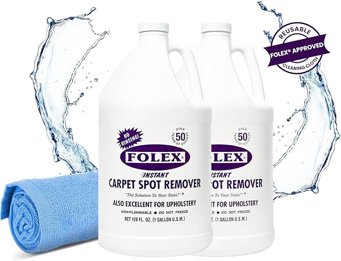 FOLEX Instant Carpet Spot Remover 128 oz - Powerful Stain Remover for Carpets, Upholstery & Rugs - Eliminates Pet Stains, Grease, Red Wine, Food, Makeup & More - With Reusable Cleaning Cloth - 2 Pack