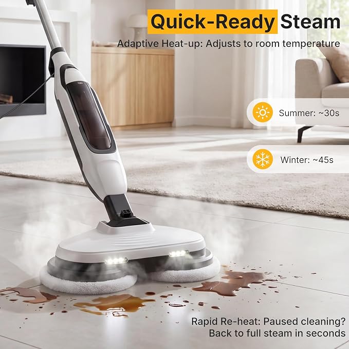 NEWBULIG Steam Mop, All-in-One Steam Mops for Floor Cleaning with Rapid Re-heat, Self-Standing Floor Steamer, 4 Rotating Scrub Pads, 2 LED Headlights, for Hardwood Floors & Tile