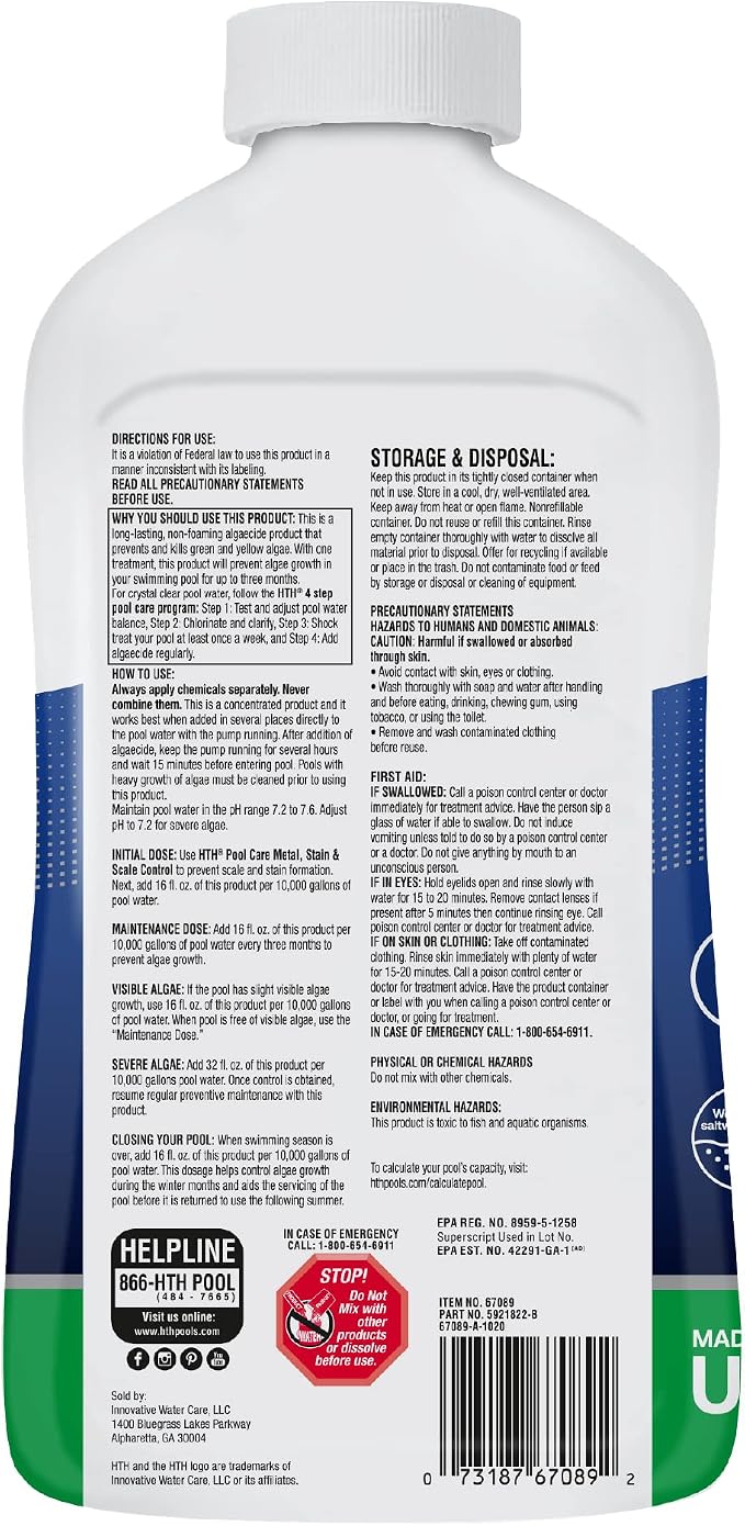 HTH 67089 Swimming Pool Care Algae Guard Ultra, Swimming Pool Chemical, Long Lasting Formula, 32 fl oz
