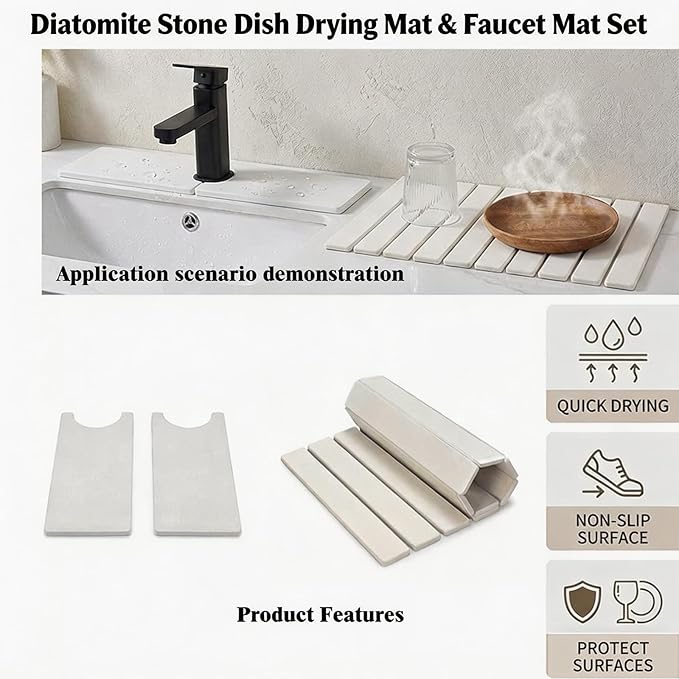 Diatomite Stone Dish Drying Mat & Faucet Mat Set – Absorbent Kitchen Countertop Protector, Fast-Drying, Non-Slip, Includes 1x Dish Mat & 1x Faucet Mat (16*12)