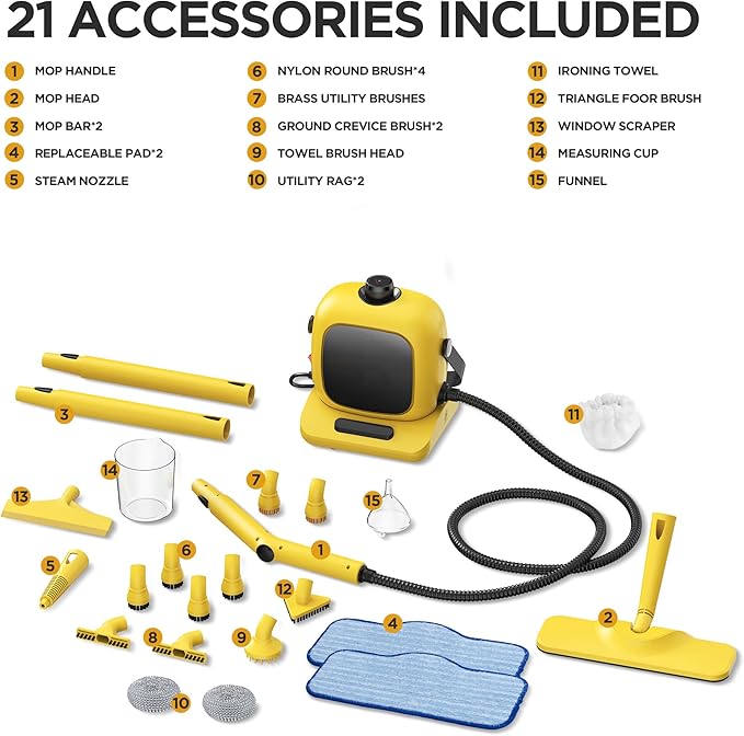 All-in-1 Steam Cleaner with 25 PSI High-Pressure Boiler, 21-Piece Accessory Kit, Portable Handheld & Floor Steamer for Tiles, Grout, Furniture and Car, Chemical-Free Deep Cleaning,3 Colors Selection