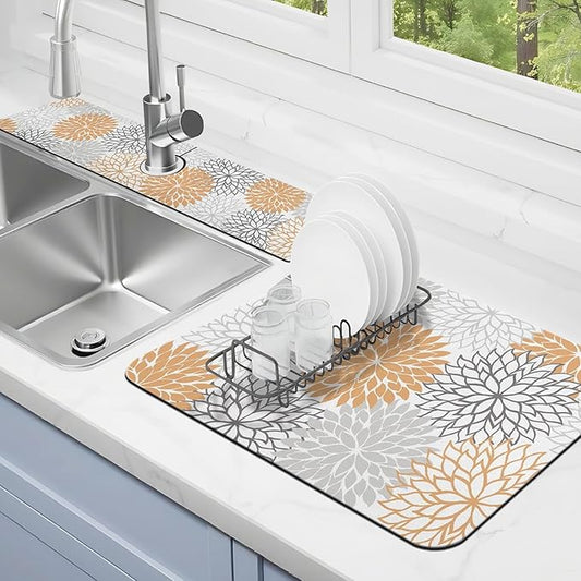 Dish Drying Mat for Kitchen Counter Matt, 2PCS 23"x15" Dish Drainer Mat & 24"x5.5" Sink Splash Guard, Super Absorbent Non-slip Rubber Backed