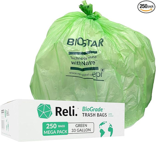 Reli. Biodegradable 33 Gallon Trash Bags | 250 Count Bulk | ASTM D6954 | Green | Eco-Friendly | Oxobiodegradable Under Certain Conditions (See Product Description)