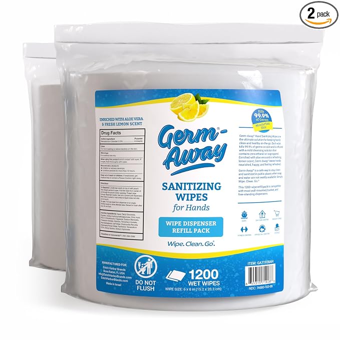 Hand Wipes, 1200 CT Refill Roll for Dispensers, Lemon Scent, Sanitizing Wipes with Moisturizing Aloe Vera, Hand Sanitizer Wipe (Pack of 2)