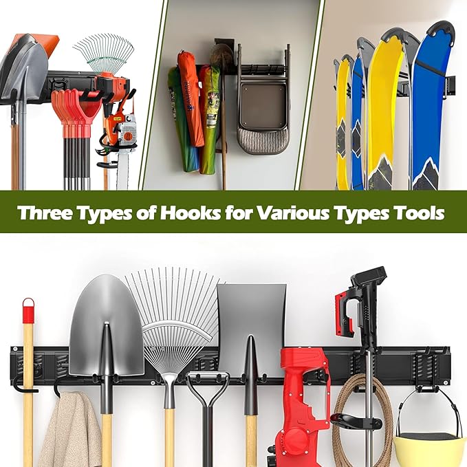 Garage Tools Storage Organizer Garden Wall Mount,48 Inches Hooks Tools Adjustable Metal Hooks,Yard Storage Rack-600lbs Capacity for Hanging Garage Tool Garden Snowboard Mop Organization