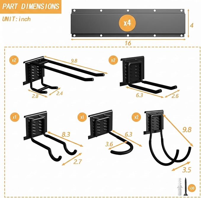 CBWLWJ Garage Tool Organizer Wall Mount, 64 inch Garage Wall Organizer, 660lbs Sturdy Garden Tool Organizer with 8 Adjustable Hooks, for Yard, Shed, Basement, Workshop(Black)