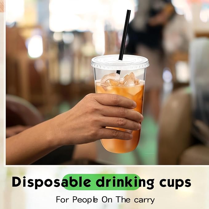 Ziliny 25 Set Clear Plastic Cups with Lids and Straws, Disposable Iced Coffee PET Cups for Drinking Cold Beverage Juice Parfait Smoothie Milkshake Coffee Shops Party Supplies (18 oz)