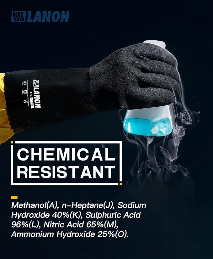 LANON 3 Pairs Nitrile Chemical Resistant Gloves, Reusable Heavy-Duty Rubber Gloves with MicroFoam Textured Palm, Acid, Alkali and Oil Protection, Black, XXL