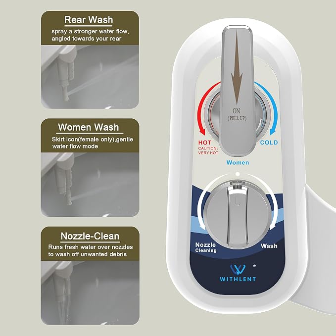 Bidet Attachment for Toilet Warm Water Left - Hot and Cold Self-Cleaning, Dual Nozzle, Non-Electric Bidet Attachment for Toilet Seat, Adjustable Water Pressure, Rear and Feminine Wash, Lever Control