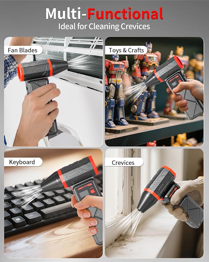 Electric Compressed Air Duster, 150000RPM Cordless Air Blower with 8000mAh Rechargeable Battery, Stepless Speed, Adjustable 90° Nozzle, LED Light for PC Cleaning, Keyboard, Car Interior, Home