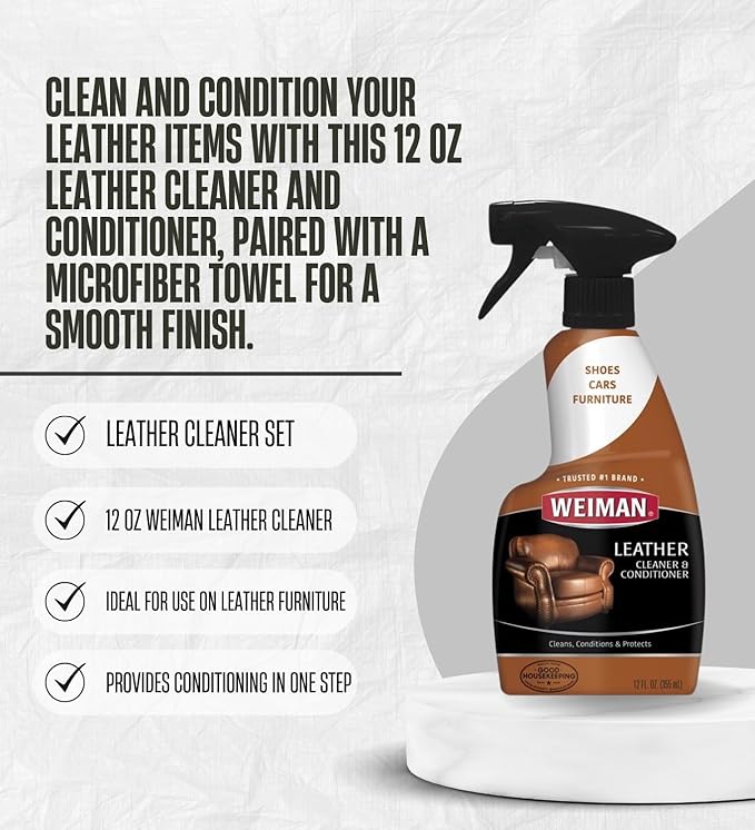 4x Weiman Leather Cleaner and Conditioner 12 oz Bundle with Microfiber Auto Cleaning Cloth – Moisturizes, restores, and protects leather furniture, car interiors, and accessories – Gift Set (5 Items)