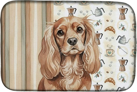 Caroline's Treasures Ruby Cavalier Spaniel Coffee Bar Dish Drying Mat Absorbent Dish Drying Mat Pad for Kitchen Counter Dish Drainer Mat for Countertop, 14 x 21", Multicolor