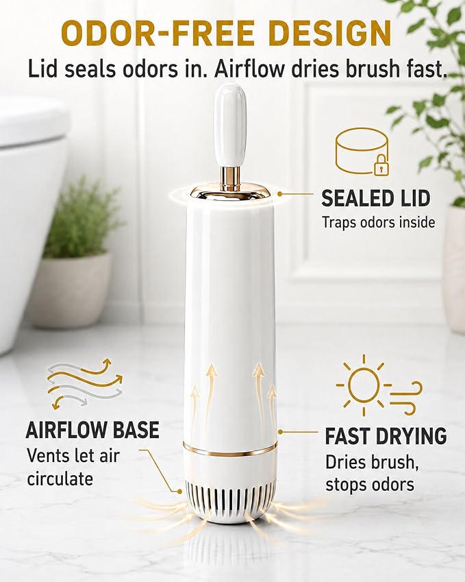 Toilet Brush Set, Dense Nylon Bristles, Wall Mount, Non-Scratch, White Gold | 16.5" Handle | Splash-Proof | Odor-Locking Lid | Ventilated Base | Hideaway Brush Head | Thick ABS | 2 Adhesive