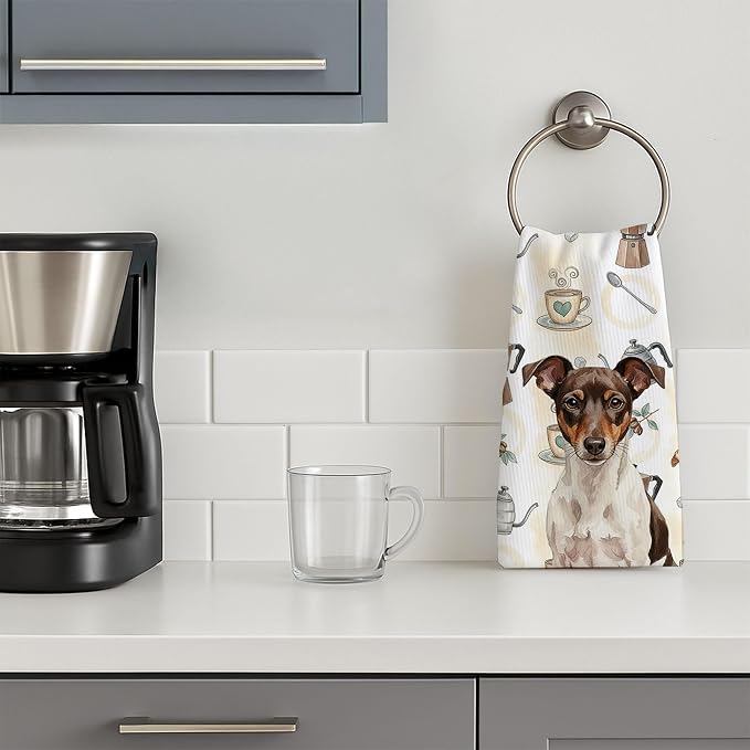 Caroline's Treasures Chocolate and White Rat Terrier Coffee Bar Kitchen Towel Velour Plush Front and Cotton Loop Back Machine Washable