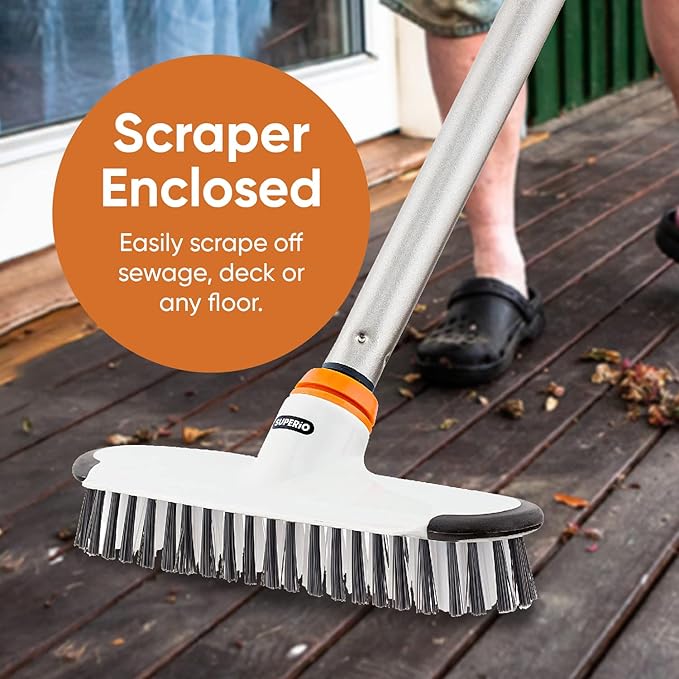 Superio Deck Scrub Brush with Long Handle, Heavy Duty Stiff Bristles Grout Scrubber with Scraper - Cleans Hot Tub, Swimming Pool, Granite Tiles, Bathroom, Patio, Kitchen, Wall and Deck (48 Inches)