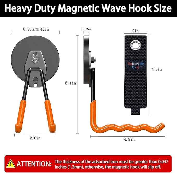 3-H Extra Strong Magnetic Hooks,Heavy Duty Large Anti-Slip Magnet Hooks Wave Shape,No-Drill Tool Holder for Garage,Power Drill,Garden Tools,Hose Storage,2 Pack Orange
