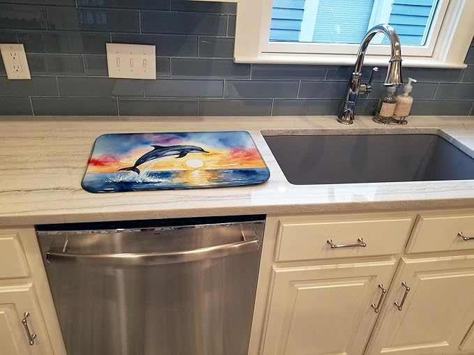 Caroline's Treasures Dolphin Leaping at Sunrise Dish Drying Mat Absorbent Dish Drying Mat Pad for Kitchen Counter Dish Drainer Mat for Countertop, 14 x 21", Multicolor