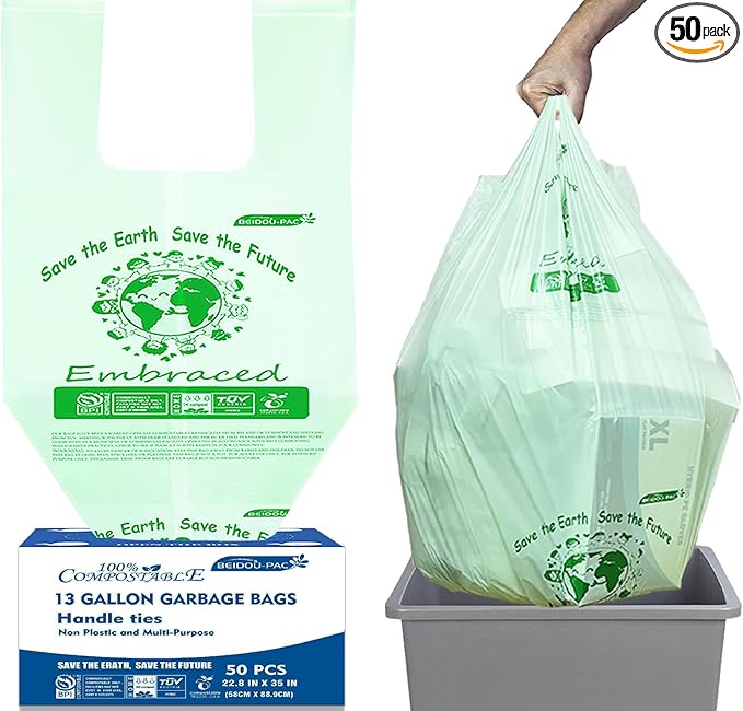 BEIDOU-PAC 13 Gallon Compostable Tall Kitchen Trash Bags with Handle, 50 Count, Sturdy Biodegradable Garbage Bags for Food Scrap Waste, ASTM D6400, US BPI Certified