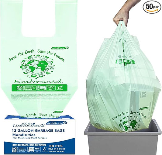 BEIDOU-PAC 13 Gallon Compostable Tall Kitchen Trash Bags with Handle, 50 Count, Sturdy Biodegradable Garbage Bags for Food Scrap Waste, ASTM D6400, US BPI Certified