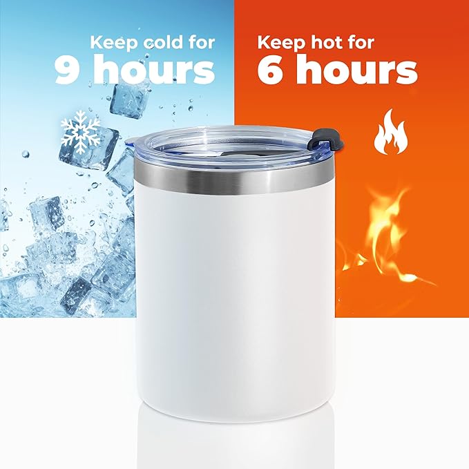 MEWAY 12 oz Lowball, Tumbler Stainless Steel Double Wall Vacuum Insulated Mug with Straw and Lid, Cleaning Brush ，Durable Powder Coated Insulated Coffee Cup for Cold & Hot Drinks (White,4 pack)