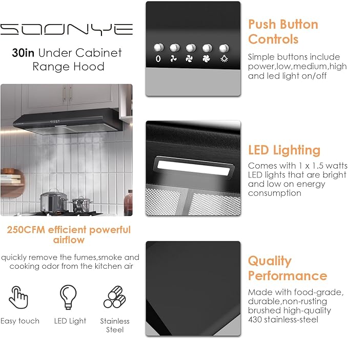 30 inch Black Under Cabinet Range Hood, Stainless Steel Slim Kitchen Vent Hood Ducted/Ductless Convertible with 3 Speed Controls, 5-Layer Aluminum Filters,LED Lights