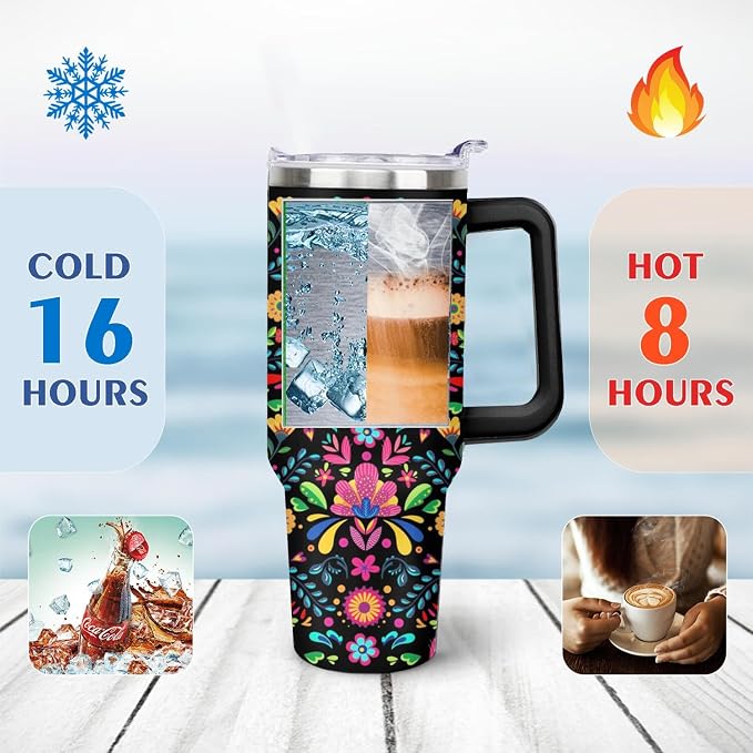 Ceovfoi 40 oz Mexican Flower Tumbler with Handle Lid and Straw, Stainless Steel Insulated Coffee Mug Cup, Mexican Stuff Supplies Accessories Gifts for Women