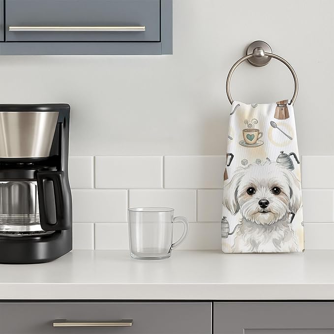 Caroline's Treasures Maltese Coffee Bar Kitchen Towel Velour Plush Front and Cotton Loop Back Machine Washable