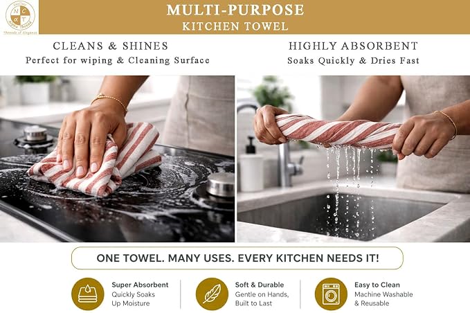 Pack of 6 Cotton Kitchen Towels Set, Dish Towels, Cleaning Rags, Kitchen Dish Cloths for Washing Dishes, Cotton Cleaning Cloths, Ultra Soft, Lightweight & Quick Dry, Slub Weave, 28" x 18" (Rust)