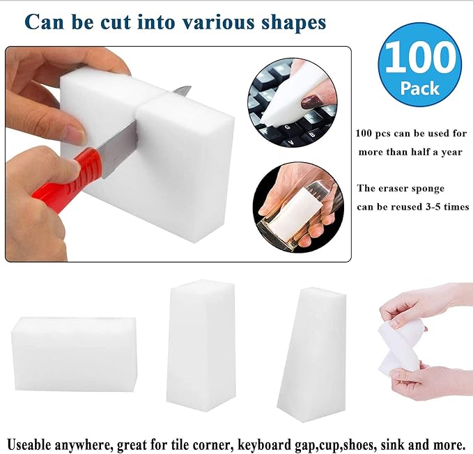 Magic Cleaning Sponges Eraser, 100 Pack Premium Melamine Sponge Foam Cleaning Pads, Dish Sponges, White Household Cleaning Scrub Sponge for Kitchen, Bathroom, Furniture, Floor Wall Cleaner