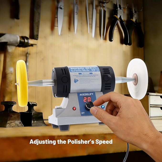 800W Jewelry Polisher, Variable Speed Bench Polishing Machine, Profesional Desktop Buffer Motor with 4'' Cotton, 3'' Fiber Buffing Wheels, Safe Glasses, Polish Compound for Jewelry Metal