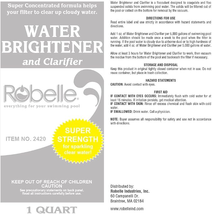 Robelle 1-Quart 2-Pack Premium Water Brightener and Clarifier, Pool Clarifier, Made in USA