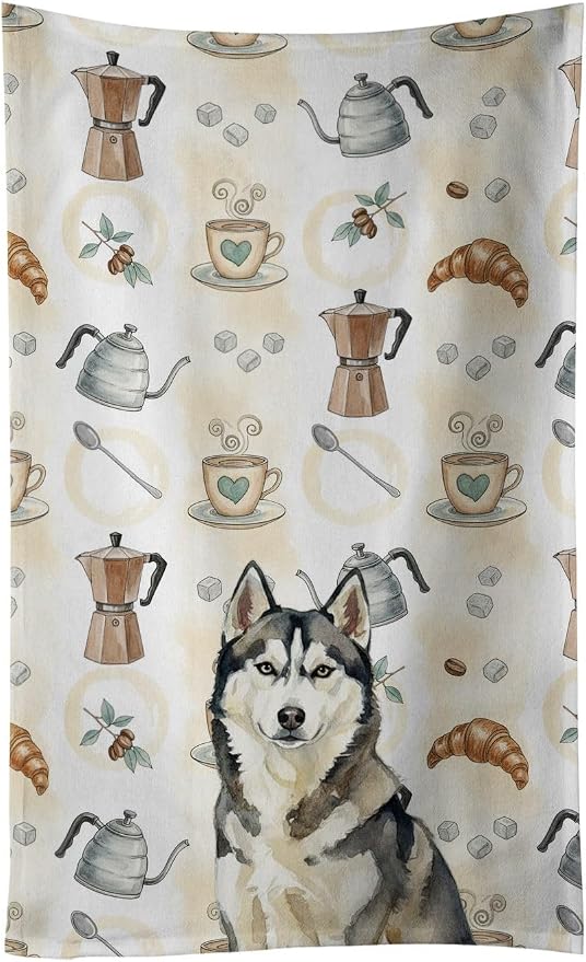 Caroline's Treasures Agouti Siberian Husky Coffee Bar Kitchen Towel Velour Plush Front and Cotton Loop Back Machine Washable