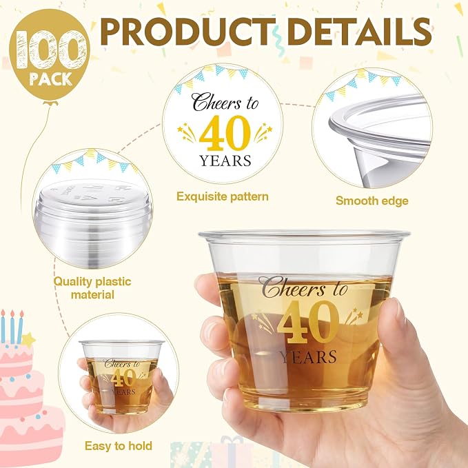 LemonRoad 100 Pack 40th Birthday Cup 9 oz Cheers to 40 Years Birthday Disposable Clear Plastic Cocktail Cups Hot Cold Beverage Drinks for Men Women Wedding Anniversary Decorations Party Favors