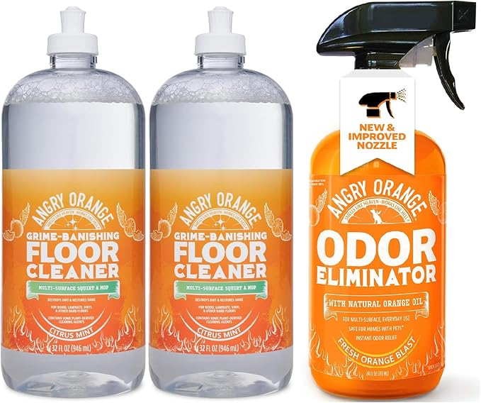 ANGRY ORANGE Pet Odor and Floor Cleaning Set – Citrus Mint Floor Cleaner (32 oz, 2 Pack) + Citrus Odor Eliminator for Dog and Cat Urine and Stains (24 oz)
