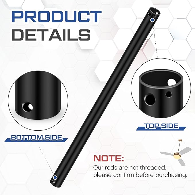 VIHOSE 18 Inch Ceiling Fan Downrod with Extension Cord 1.5 ft Black Downrod for Ceiling Fan 1 Inch Outside Diameter Not Threaded Suitable for a Wide Range of Fans