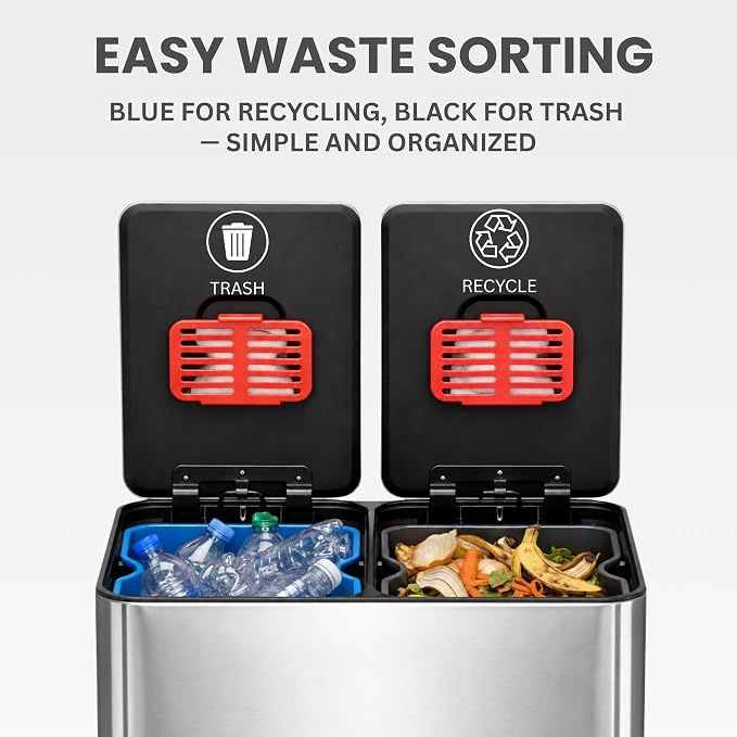 iTouchless SoftStep 16 Gallon Dual Compartment Kitchen Trash Can and Recycle Bin with dual AbsorbX Odor Filters, 60L Stainless Steel Step Garbage Can, Soft-Close Lids, Color-Coded Buckets (Black/Blue)