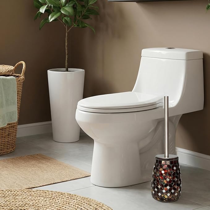 Handmade Mosaic Toilet Brush and Holder Set, Decorative Brown Glass Toilet Bowl Brush with Stainless Steel Handle, Luxury Bathroom Accessories Set, Mosaic Bathroom Decor, Weighted Base