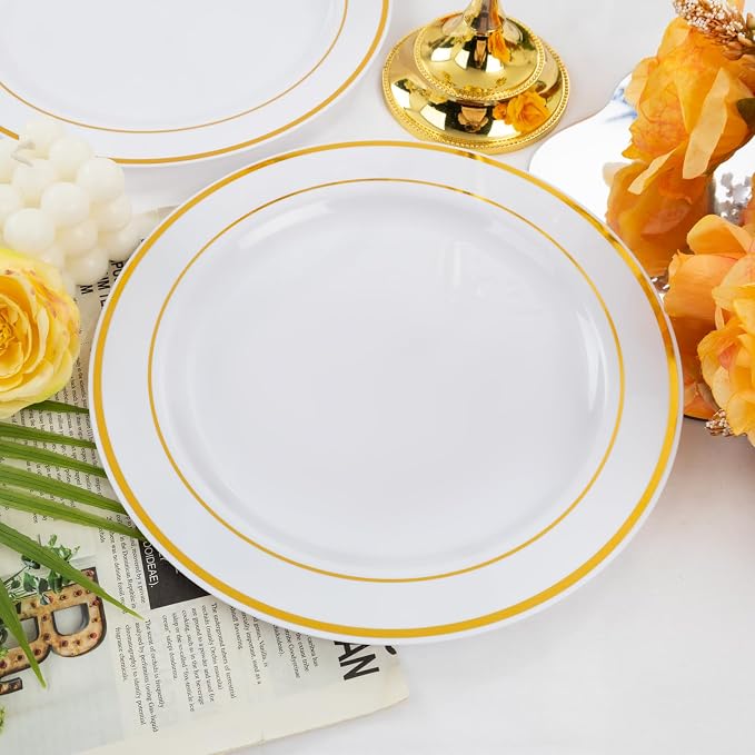 bUCLA 30PCS White and Gold Plastic Dinner Plates Disposable - 10.25inch Premium White Gold Rim Plates, Ideal for Wedding & Party