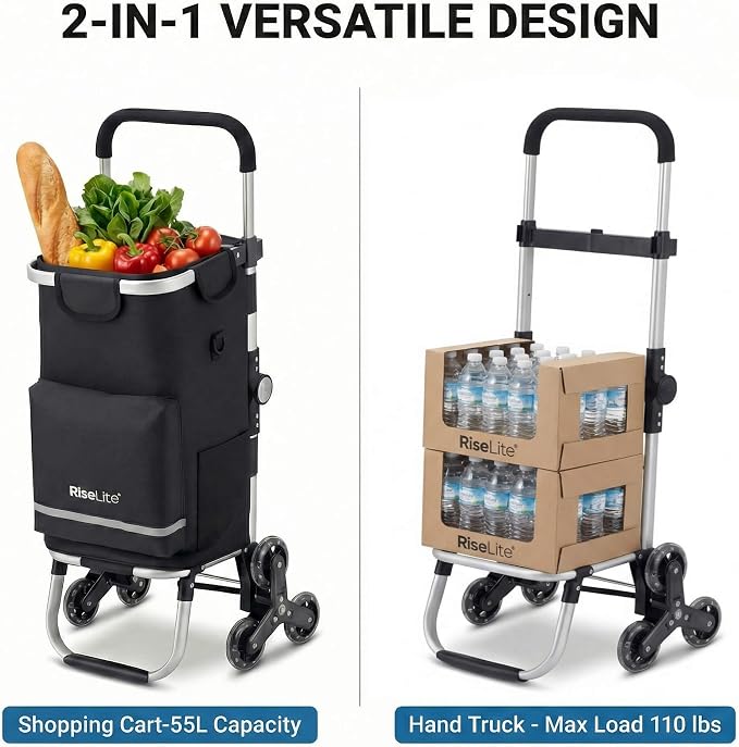 Stair Climbing Cart - Shopping Cart with Wheels for Stairs, Foldable Tri-Wheel Grocery Cart for Seniors & Apartments, 55L Bag with Insulated Cooler, Adjustable Handle, 110 Lbs, Waterproof