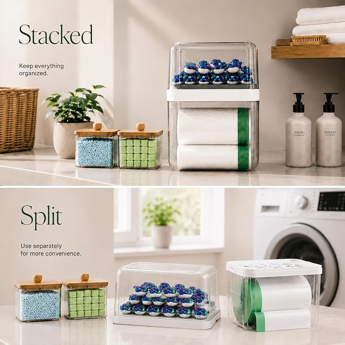 Trash Bag Holder and Dishwasher Pod Dispenser with 2 Bamboo Lid Storage Containers, Clear Acrylic Under Sink Organizer for Garbage Bags, Laundry Detergent Pods & Tabs, Kitchen Pantry Laundry Room