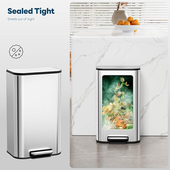 8 Gal/13.2 Gal Stainless Steel Kitchen Trash Can, Step Garbage Can with Soft-Close Lid & Removable Inner Bucket, Fingerprint-Proof Waste Bin with Wide Non-Slip Pedal for Home Office Bathroom
