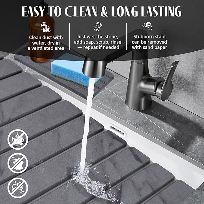 Extra Large Stone Dish Drying Mat for Kitchen Counter, 28"(L)×16"(W) Collapsible Quick Drying Dish Mats, Super Absorbent Drying Pad, Kitchen Counter Mats for Dishes, Bottles, Cups, Gray Mable