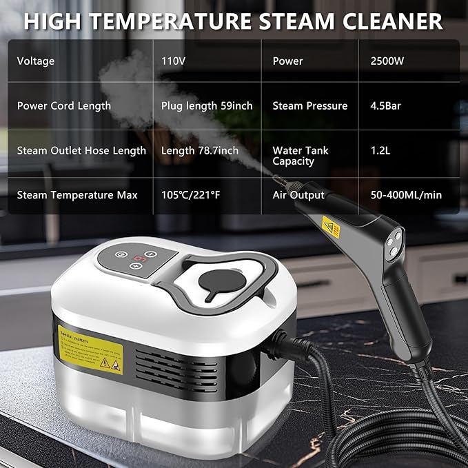 Handheld Steam Cleaner, 1200ml Portable High Temperature Pressurized Cleaner with 2m Spray Gun, 6 Adjustable Settings, for Home Furniture, Clothes, Kitchen, Bathroom