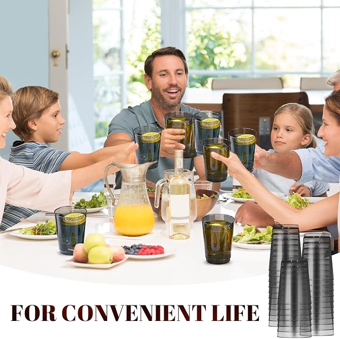 Teenyyou 150 Pcs Black Plastic Party Cups 10 oz Disposable Wedding Cups Heavy Duty Plastic Cups Fancy Cocktail Cups Drinking Tumblers for Family Gatherings Parties Afternoon Tea Wedding
