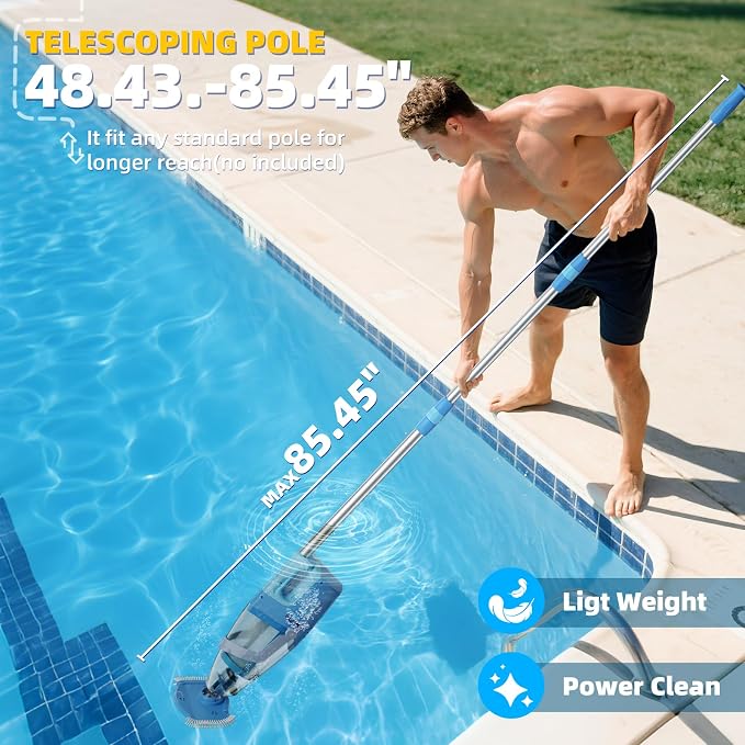 Cordless Pool Vacuum, 1950 GPH Powerful Suction, Handheld Pool Cleaner with Telescopic Pole, 60 Min Runtime, 2L Large Capacity, Rechargeable for Above Ground & Inground Pools, Spas & Hot Tubs